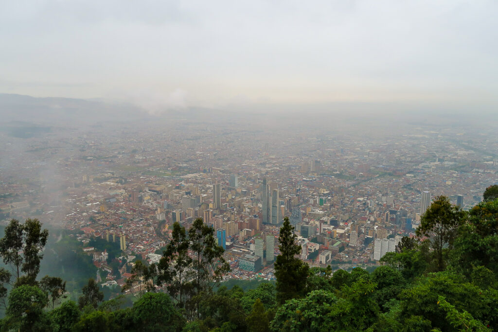 Foggy view of Bogota from the Monserrate Mountain. Hiking up the mountain is one of the top things to do in Bogota, Colombia.