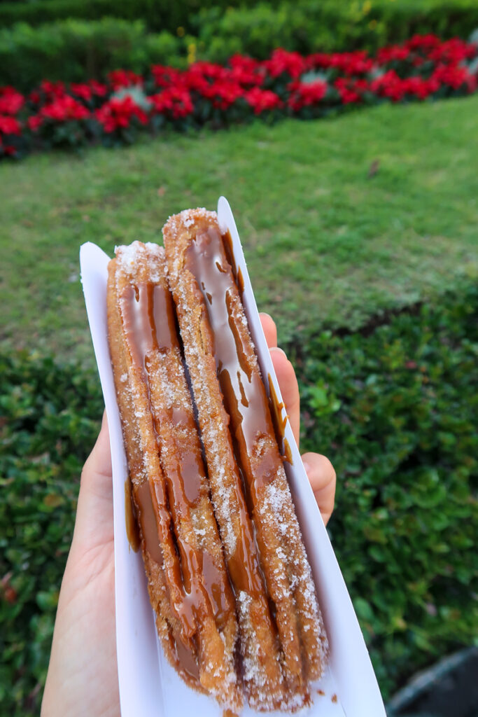 Churros topped with chocolate. One of the best things to do in San Miguel de Allende is going to San Agustin to eat some sweet churros.
