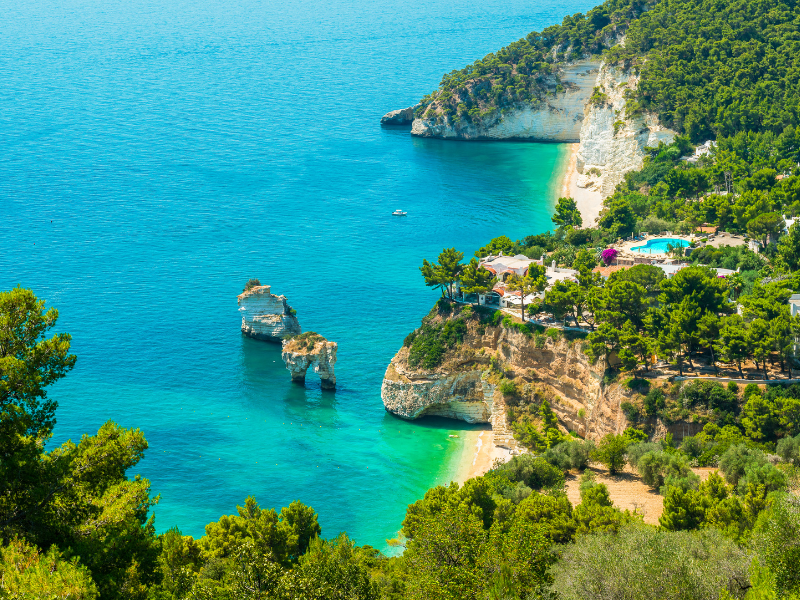 Azure waters and lush forest trees at the coastline of National Park of Gargano in Puglia