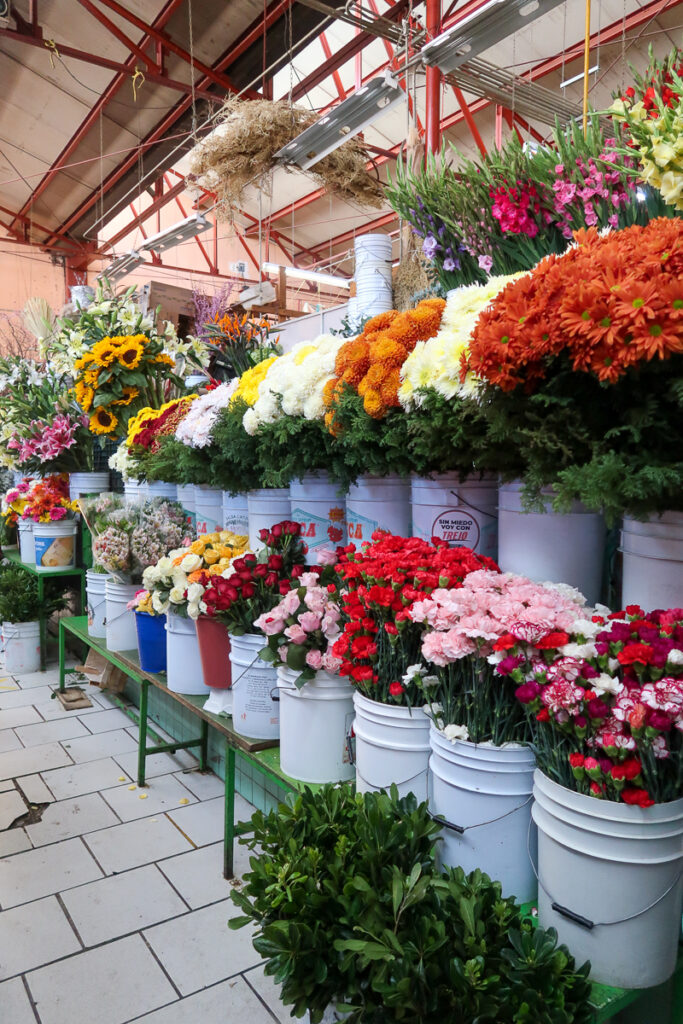 Several buckets of lovely flowers and bouquets at Ignacio Ramirez Market
