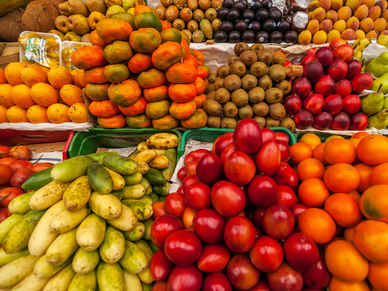 Fresh fruits on display at the Paloquemao Fruit Market. Visiting this traditional market is one of the best things to do in Bogota.