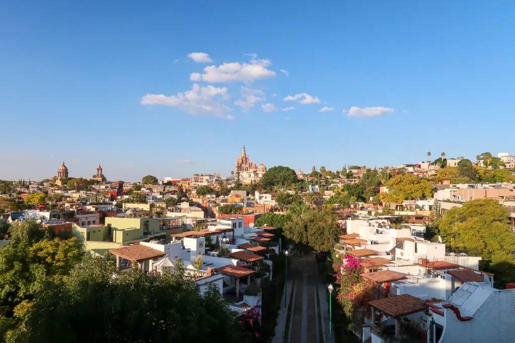 View of the beautiful houses from a rooftop bar in San Miguel de Allende