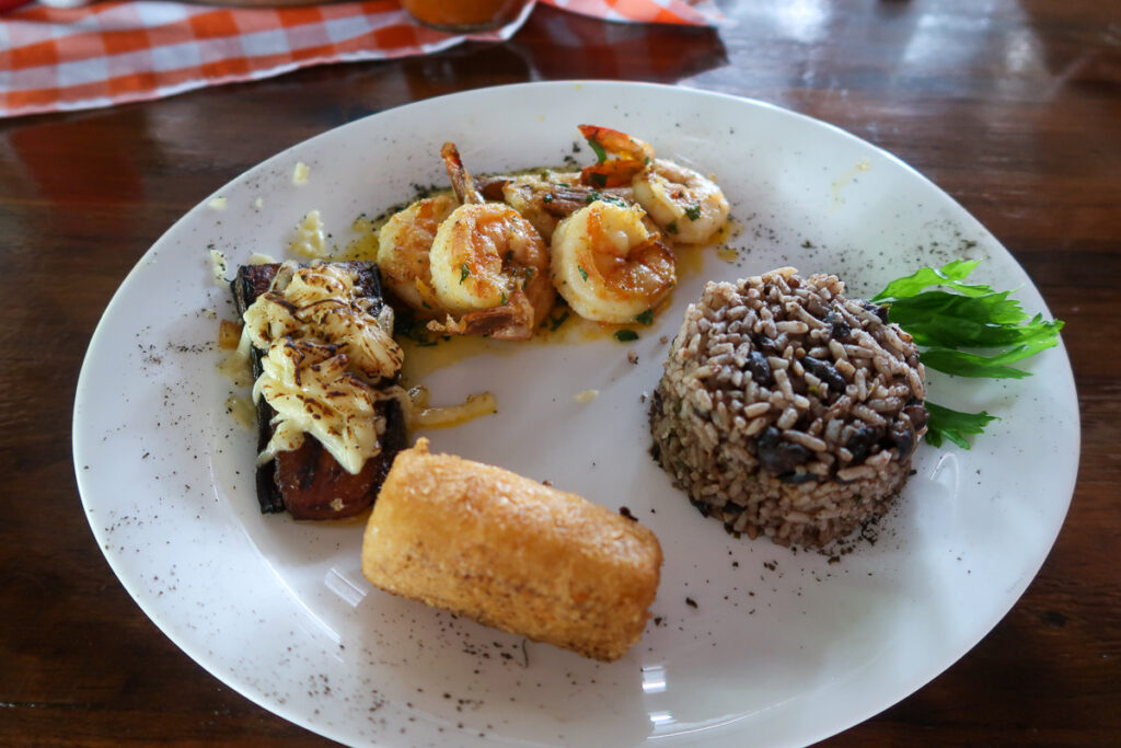 A plate of shrimp al ajillo at a restaurant in La Fortuna, Costa Rica