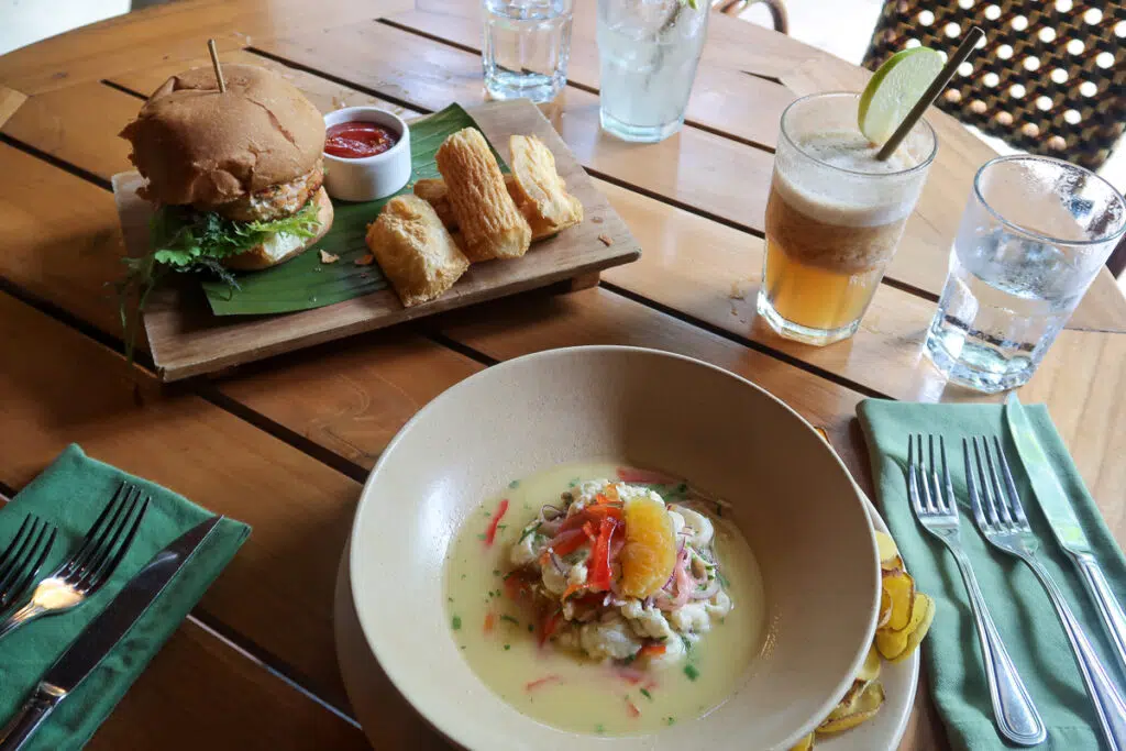 ceviche and trout burger and two drinks at Harmony Hotel's restaurant - one of the best restaurants in Nosara
