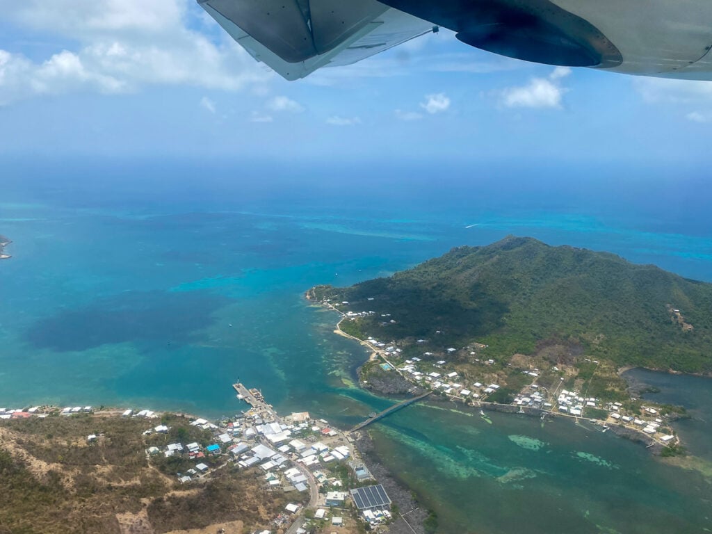 Aerial view of the islands of Providencia and Santa Catalina being connected by a bridge