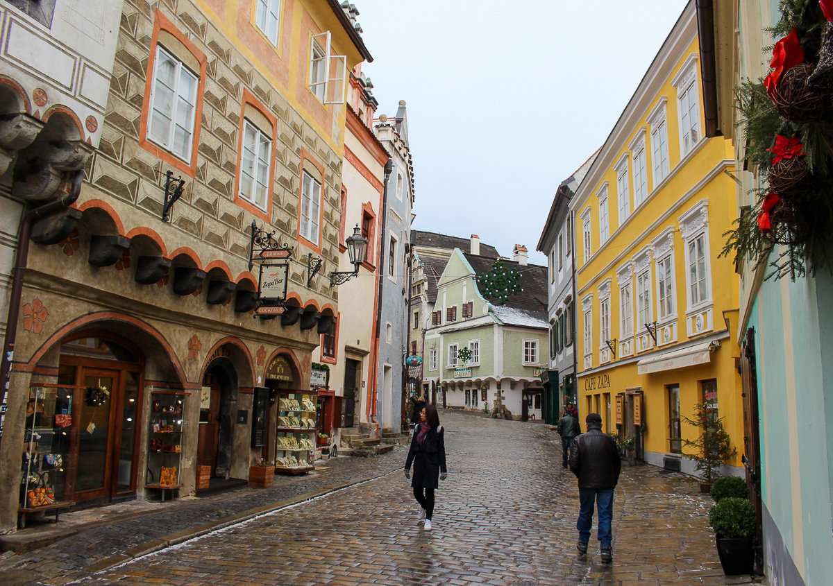 Quiet street on a cloudy day. Roaming around this medieval neighborhood is one of the things to do in Český Krumlov.