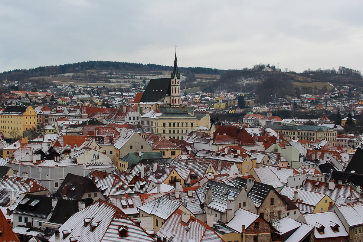 View of the castle tower and house rooftops during our Czech Republic travel