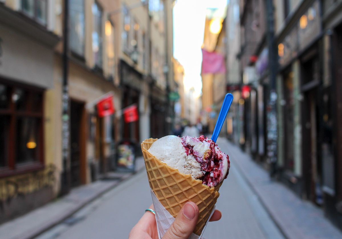 A delicious scoop of gelato being enjoyed on the streets of Stockholm
