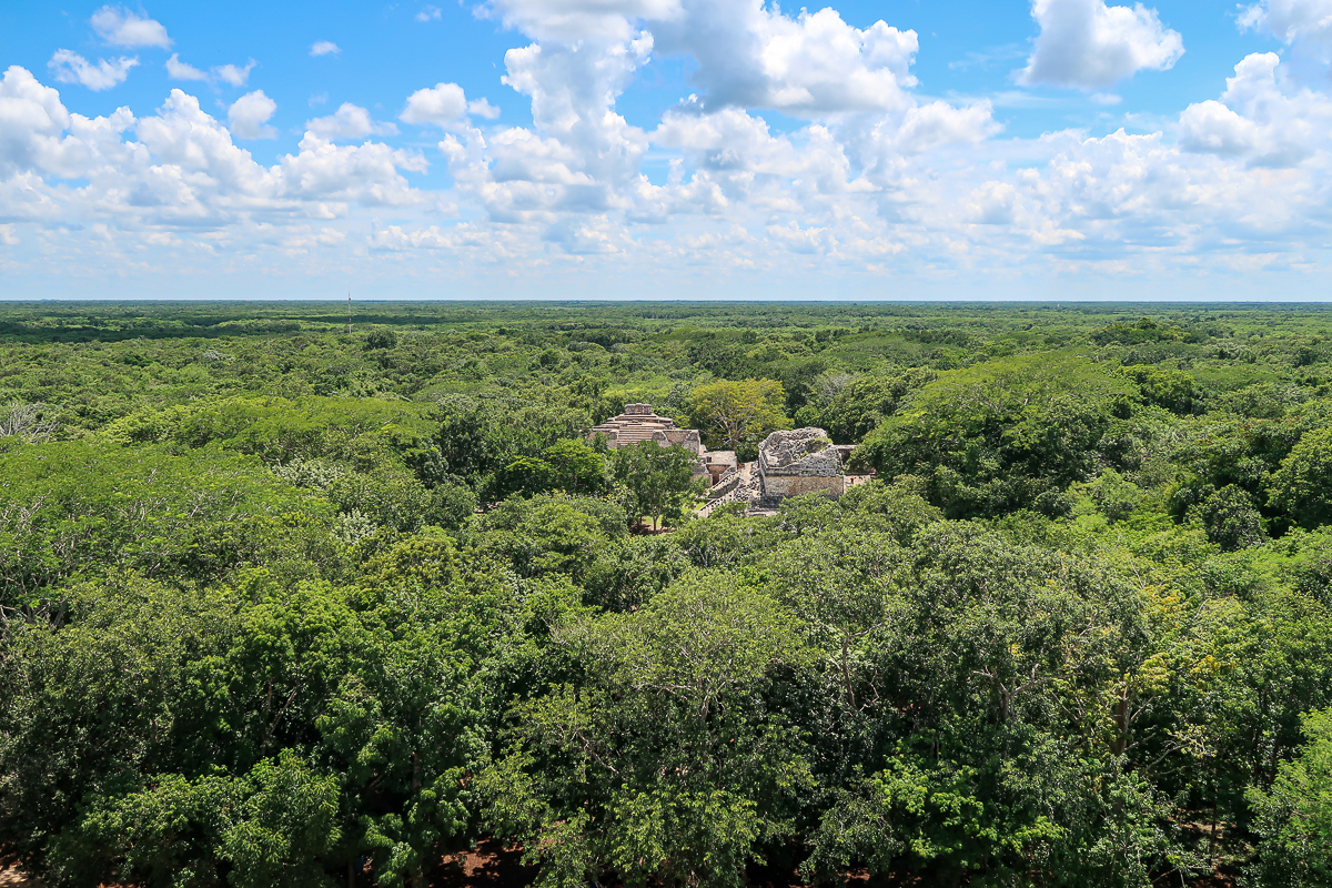 Ruined Maya structured rising out of the vast jungle of the Yucatan region on a cloudy day