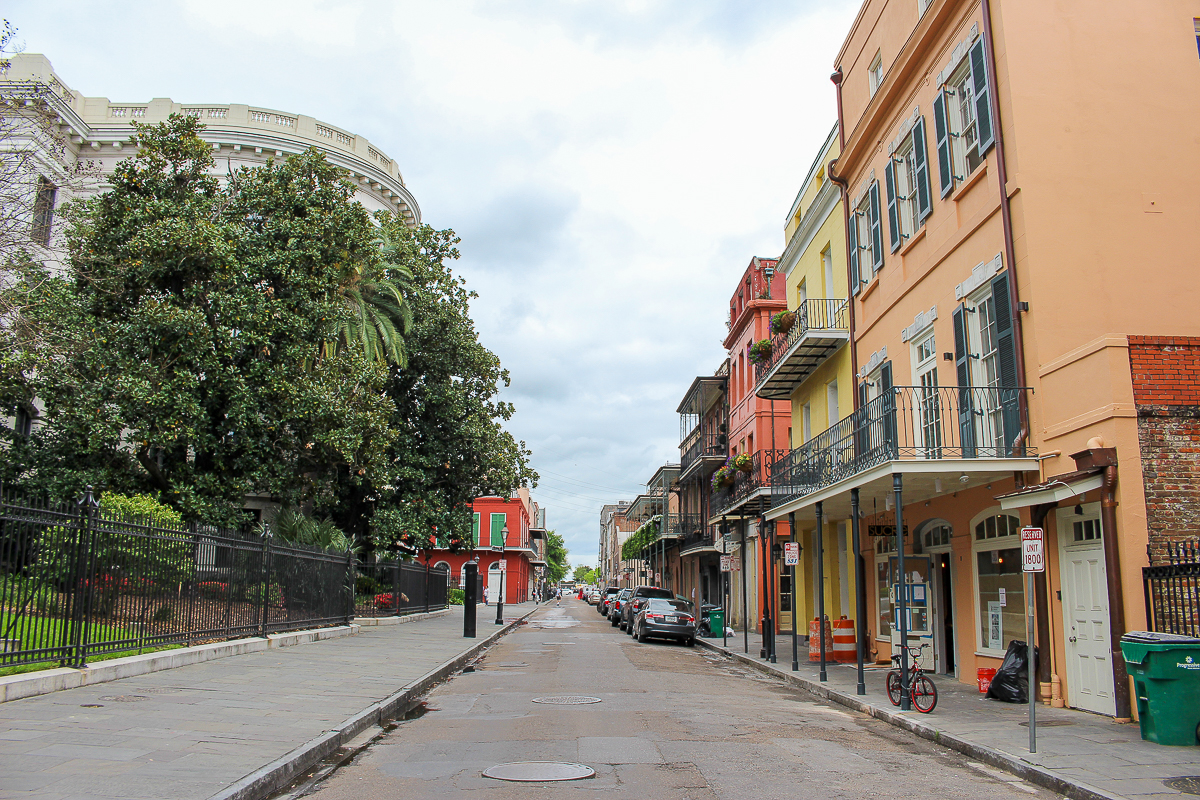 An empty street in New Orleans on a cloudy morning