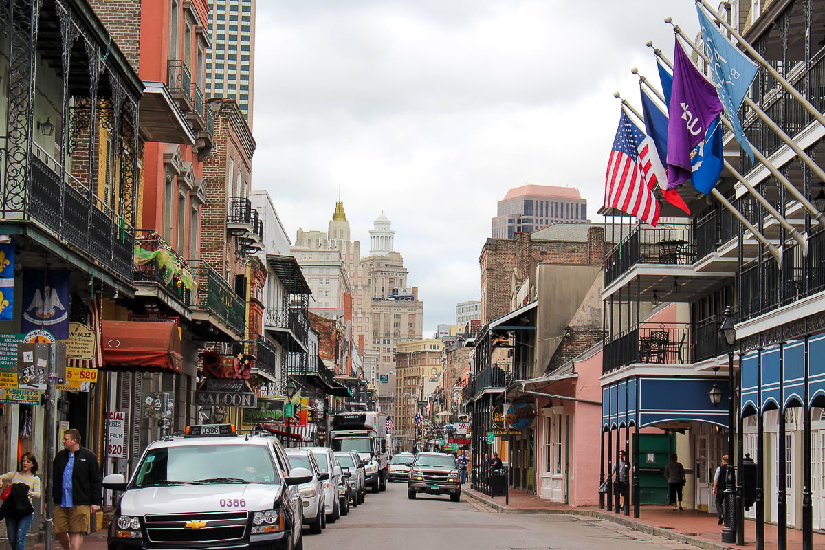 Bourbon Street scene on a cloudy day