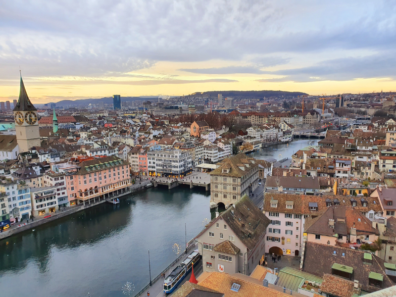 An amazing view of Zurich and the Limmat River taken from the towers of Grossmünster church