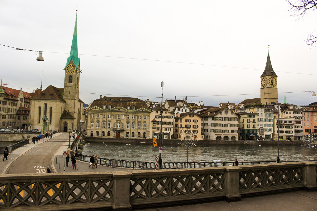 Rathausbrücke with Fraumunster church in the background in Zurich