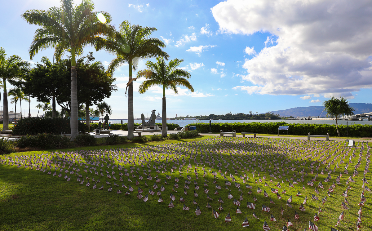 Small USA flags planted on a lawn at the Pearl Harbor National Memorial