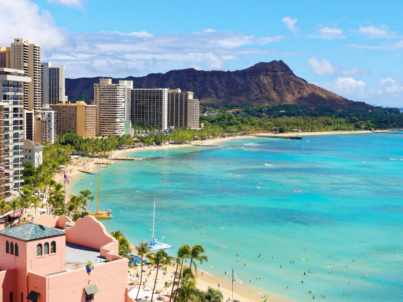 View of Waikiki skyline and Diamond Head in Oahu, Hawaii