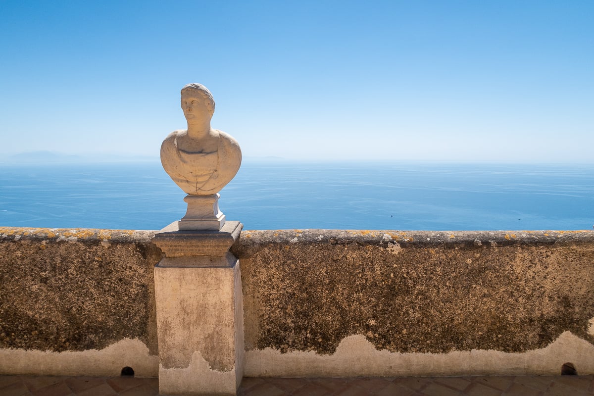 Beautiful marble bust in Terrace of Infinity at Villa Cimbrone, which is one of the things that Ravello is most famous for