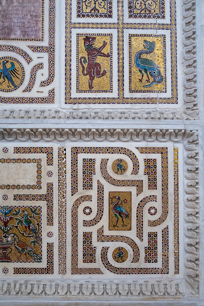 Intricate mosaics at Duomo di Ravello depicting animals and other creatures