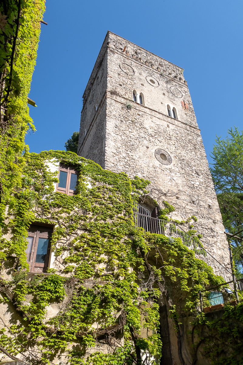 An old tower with overgrown vines at Villa Rufolo. If you're looking for the perfect itinerary of Ravello, this guide covers everything you need to know for your next visit.