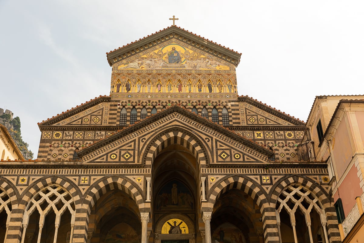 The gold and ornate facade of the Amalfi Cathedral