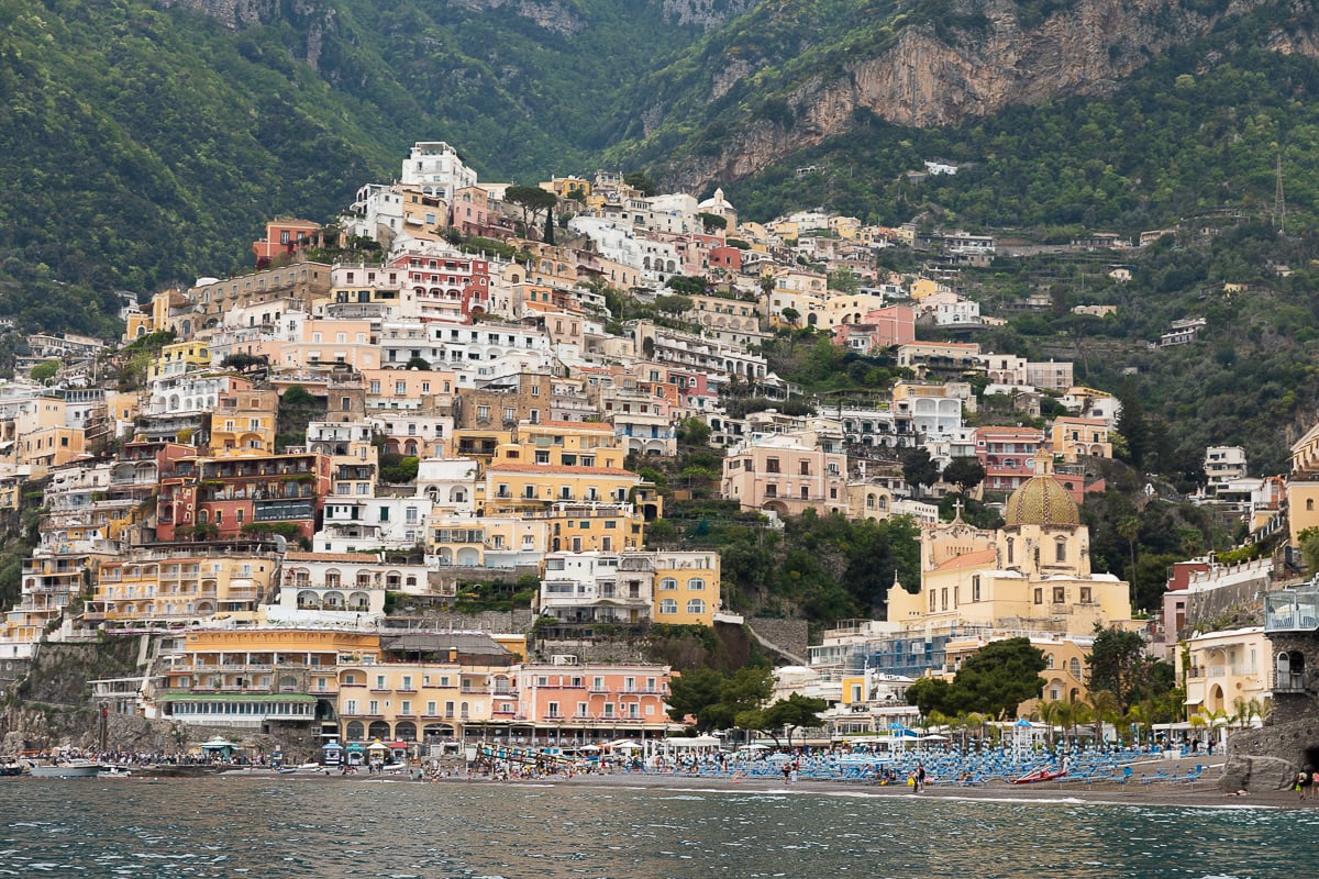 View of the town of Positano on a gloomy evening