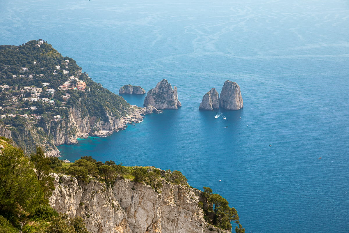 A beautiful view of the island of Capri and the sea below