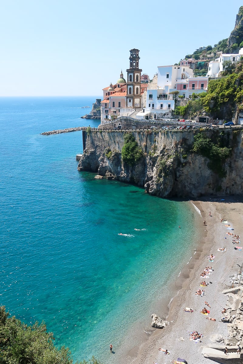 A gorgeous sunny day overlooking an uncrowded beach on the Amalfi Coast