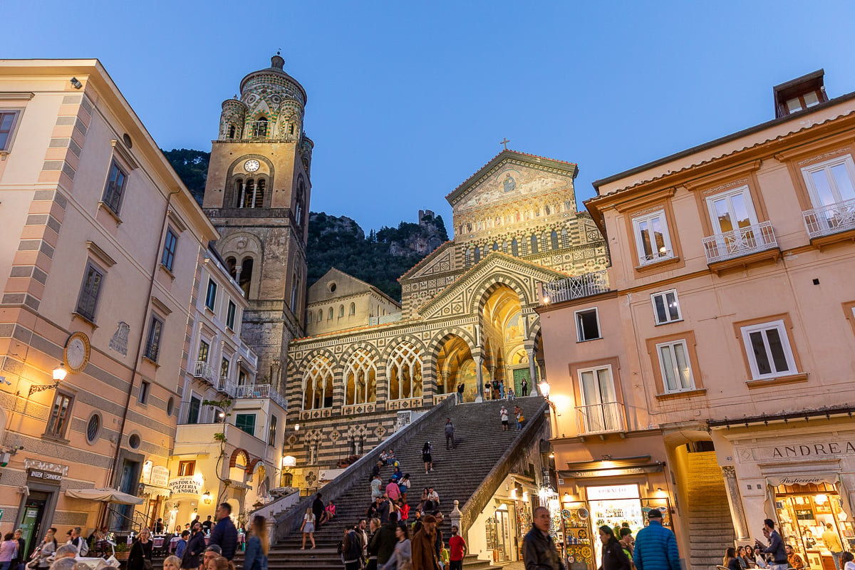 Amalfi town and cathedral at dusk - you have to include visiting Amalfi town in your Amalfi Coast itinerary