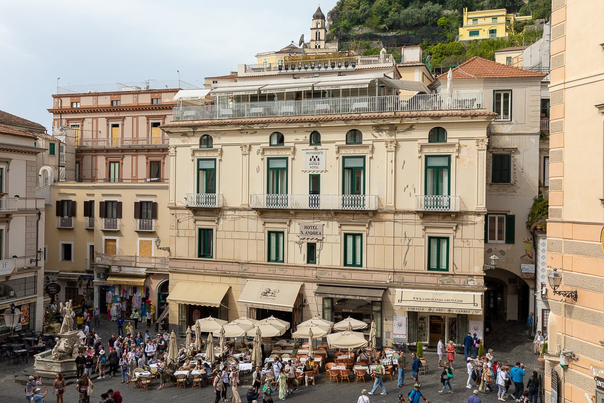 The busy piazza in Amalfi with hotels in the background