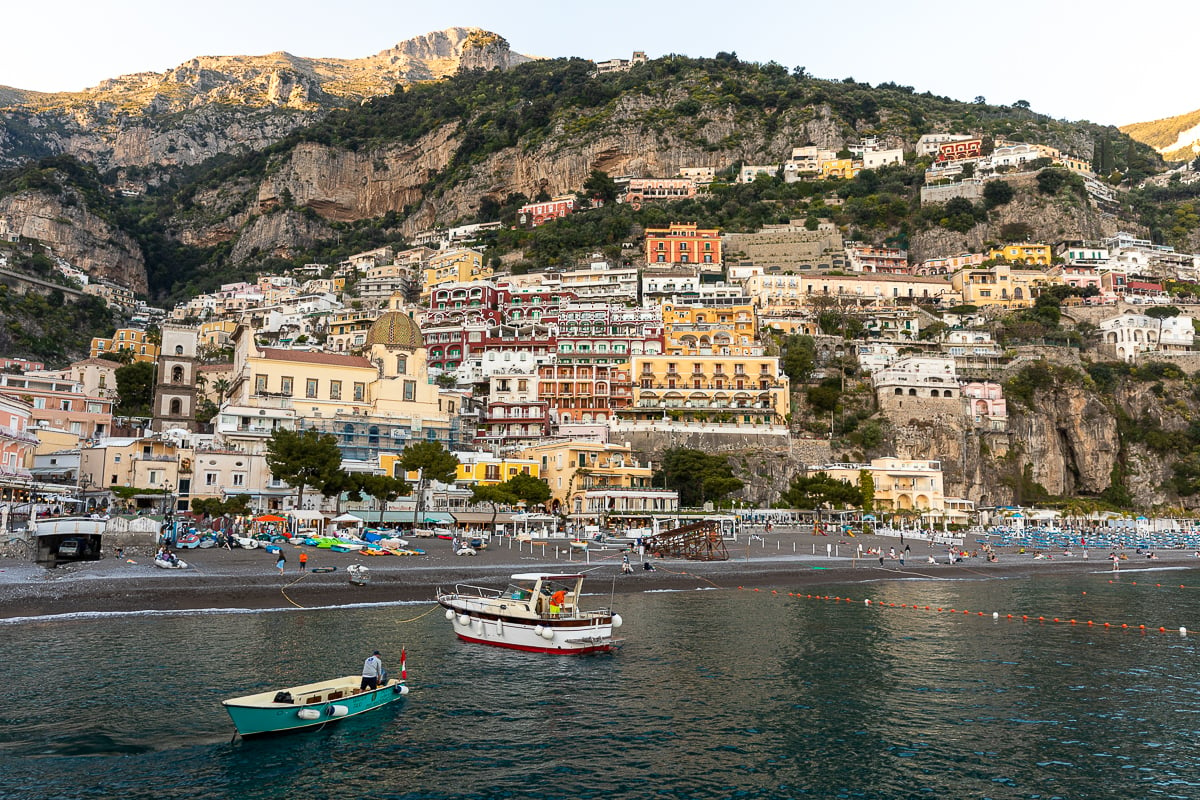 The colorful, cliffside town of Positano as seen from a ferry