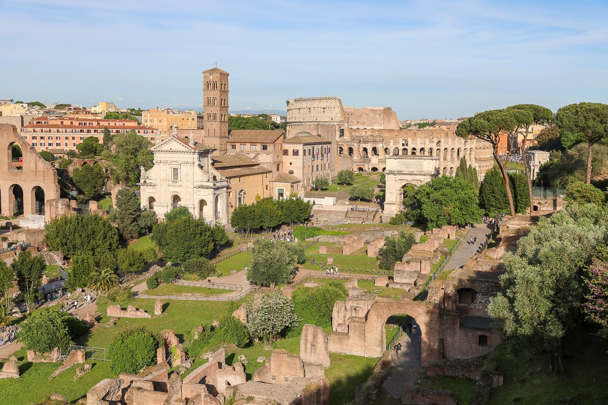 Amazing view of ancient Roman ruins as seen from Palatine Hill.