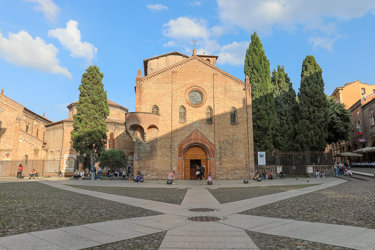 The facade of the Santo Stefano Religious Complex as seen from the Piazza Santo Stefano in Bologna, Italy