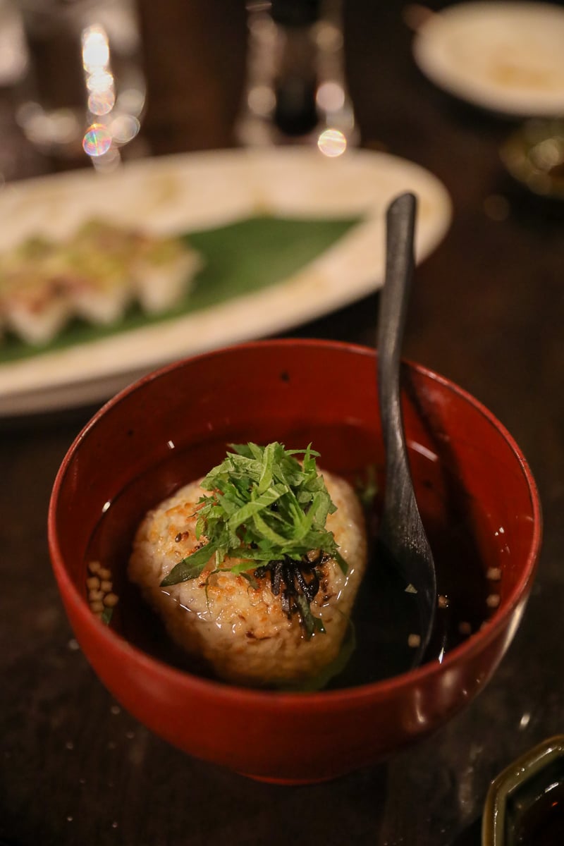Grilled rice ball in fish broth at Fuwari