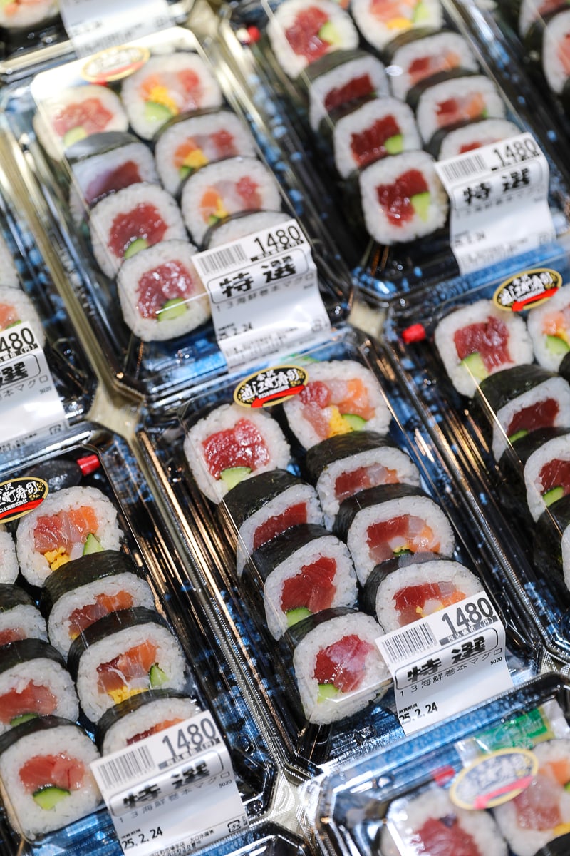Packed sushi for sale at Ohmi Super