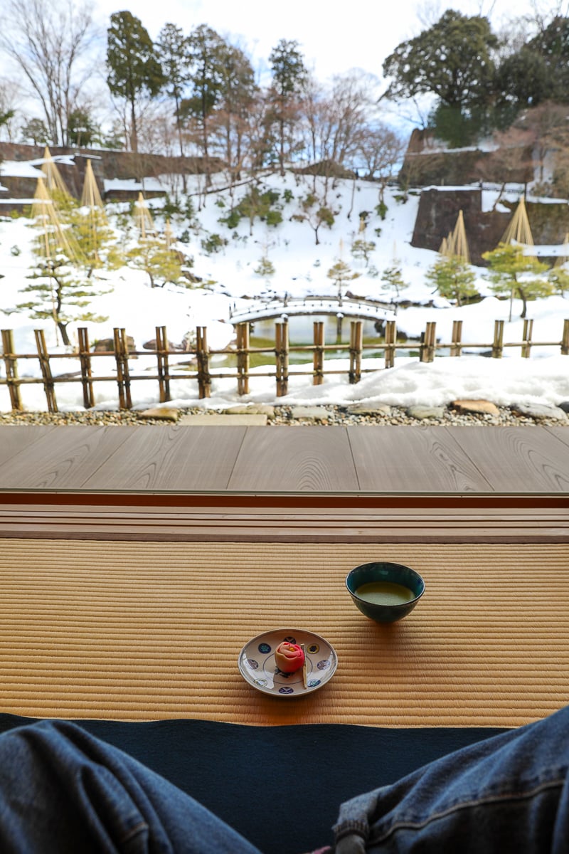 Matcha tea and wagashi at Gyokusen-an with a view of the beautiful outdoor landscape