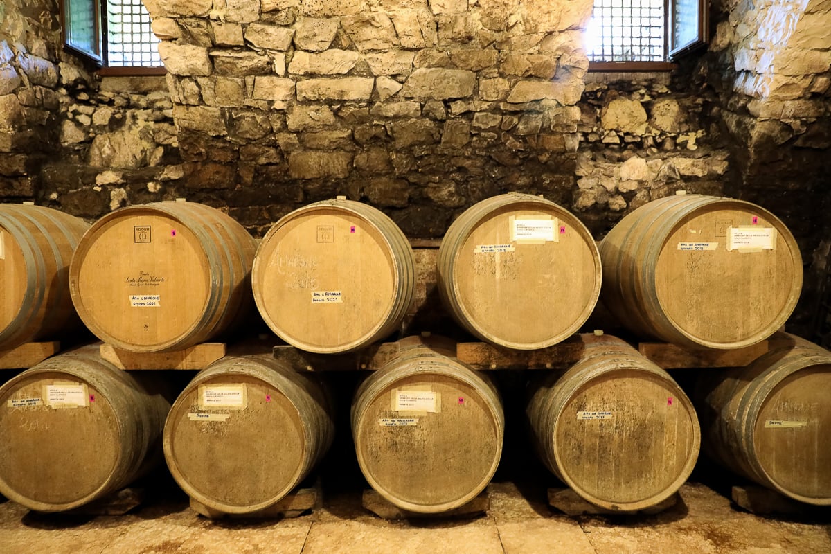 French oak barrels in a wine cellar at Valpolicella