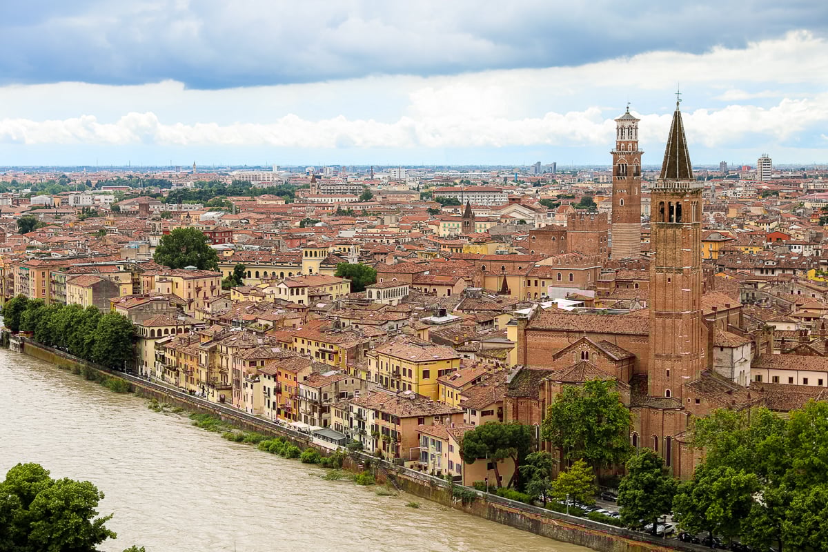 View of Verona from Castel San Pietro. Your Verona itinerary won't be complete without a ride in a funicular to this viewpoint.