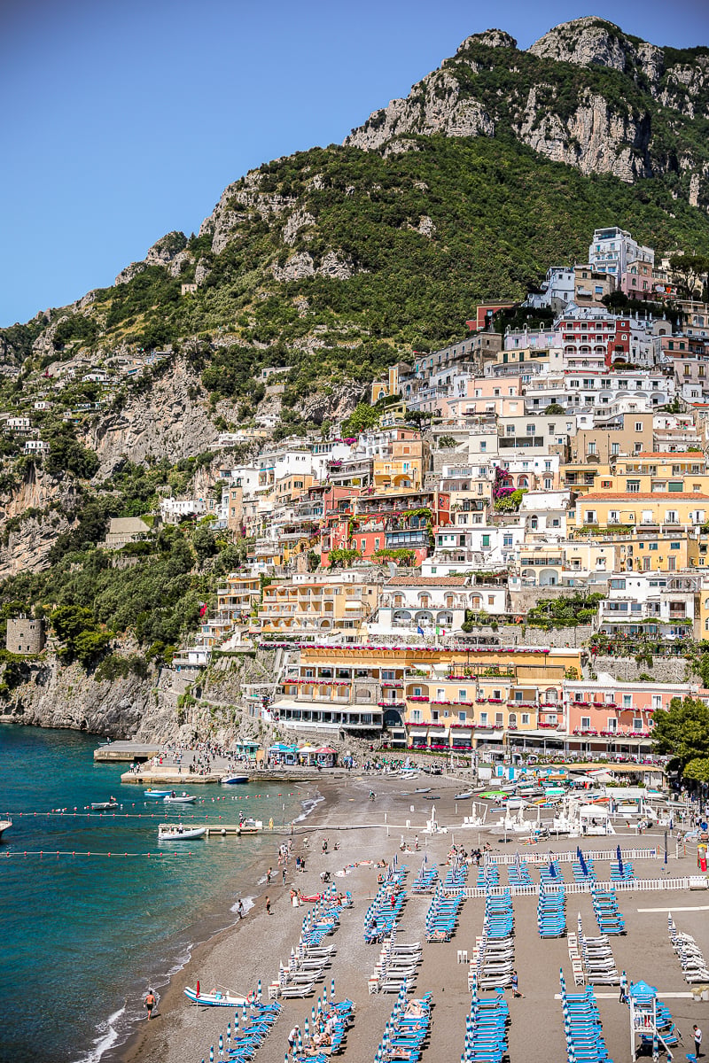 A view overlooking Positano's main beach and pastel-colored buildings