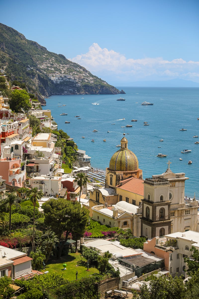 View of Positano town and the cathedral on a sunny day
