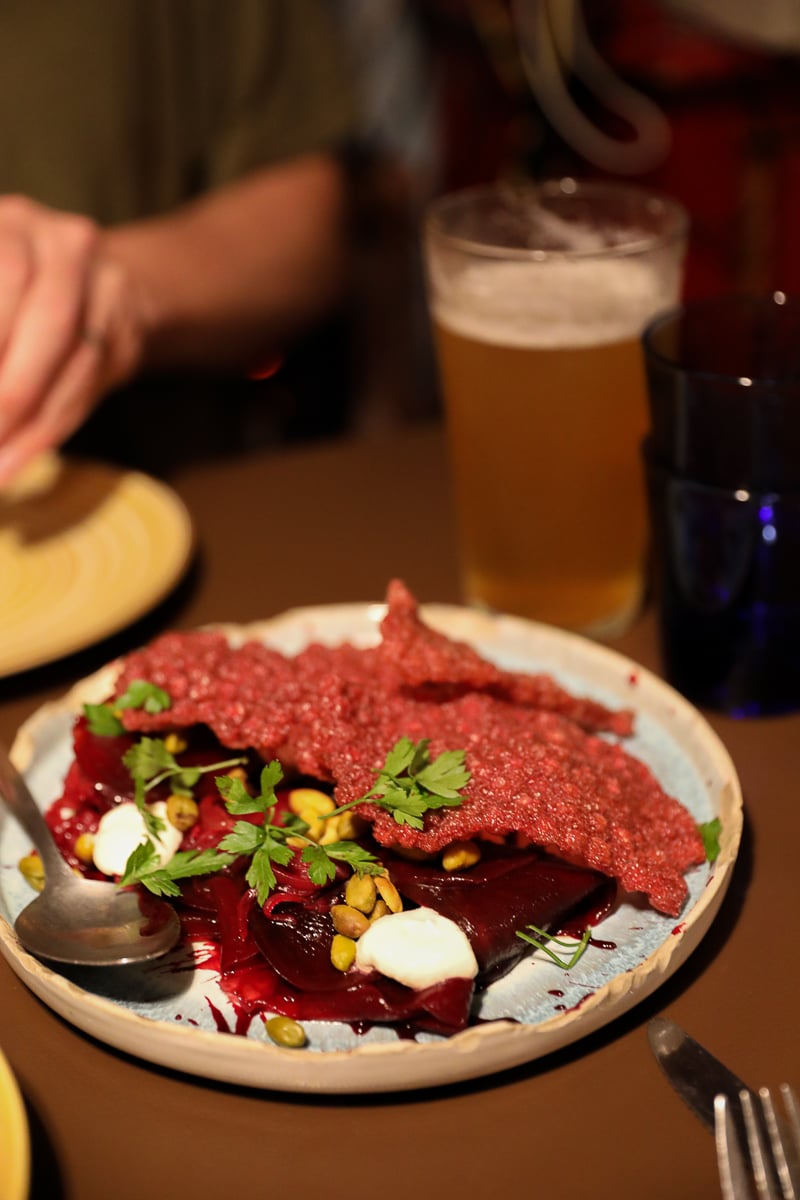 Plate of beets + pistachio + horseradish at Tasca Baldracca