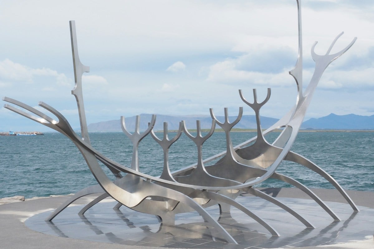 Steel sculpture of Sólfar Sun Voyager in Reykjavík