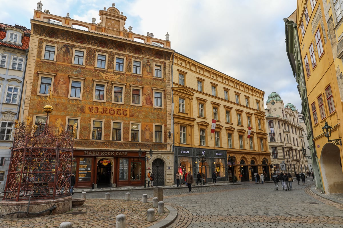 Historic façade of Hotel Rott in the the quiet Malé Náměstí Square of Prague’s Old Town