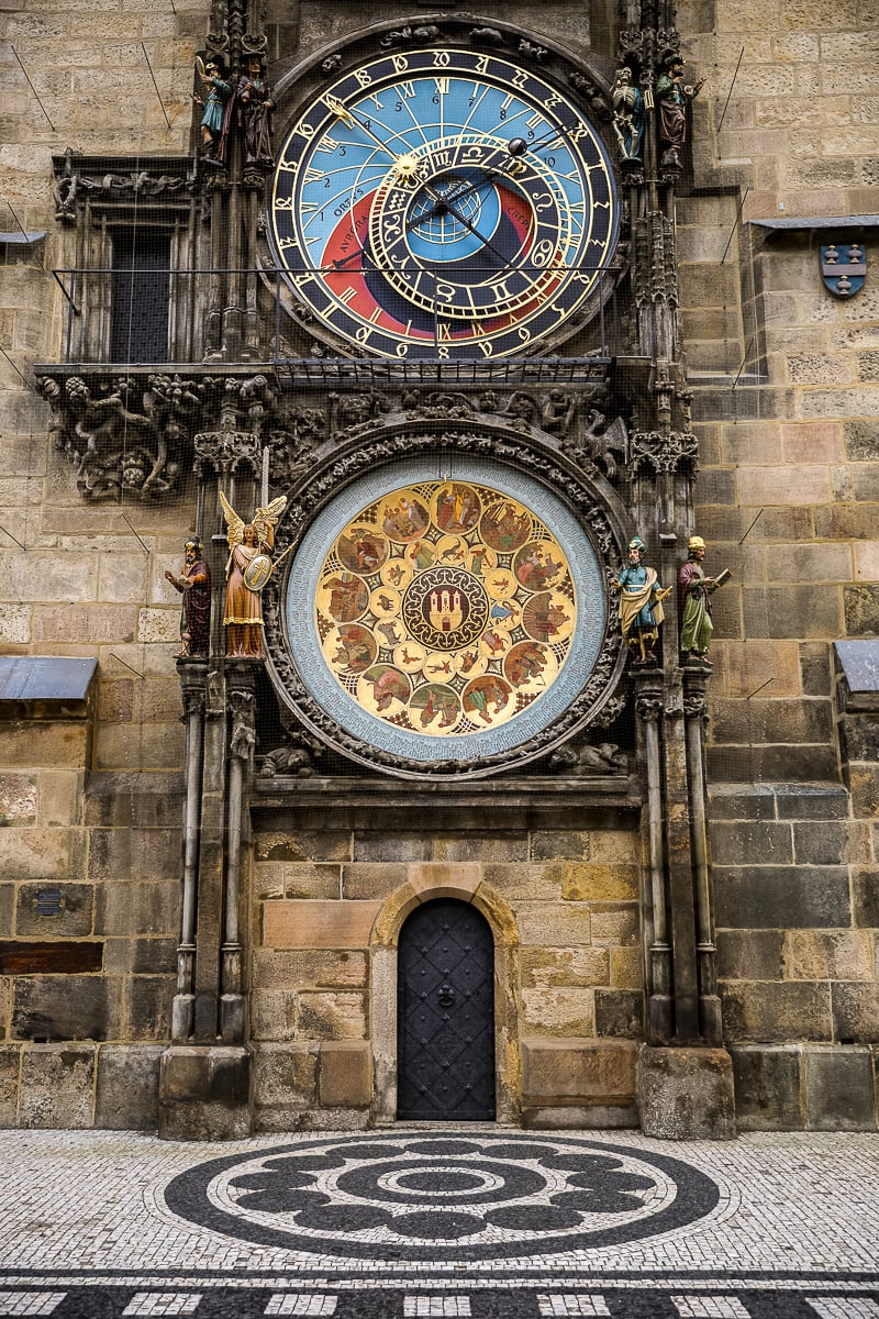 Detailed close-up of the Prague Astronomical Clock on Old Town Hall, showing ornate medieval figures and astronomical dials