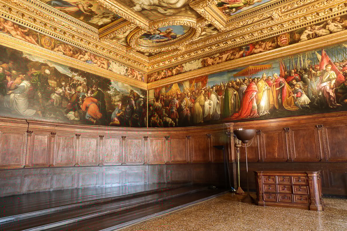 Empty gilded hall inside Doge’s Palace in Venice during early entry
