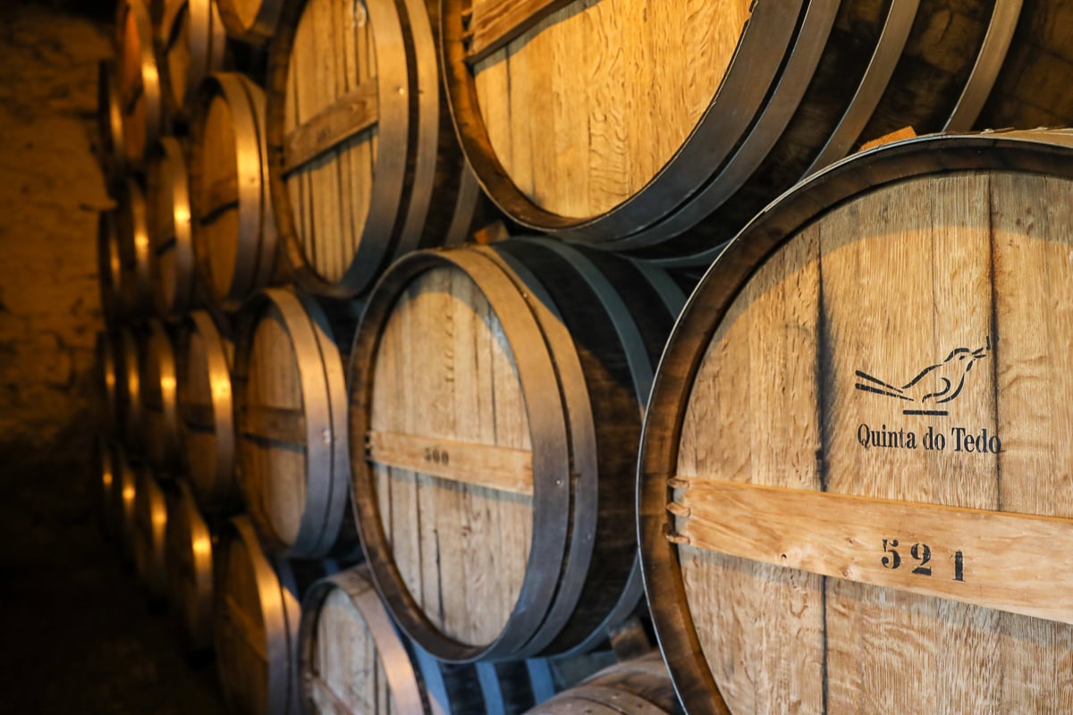 Port wine barrels aging in the cellar at Quinta do Tedo winery in Portugal’s Douro Valley