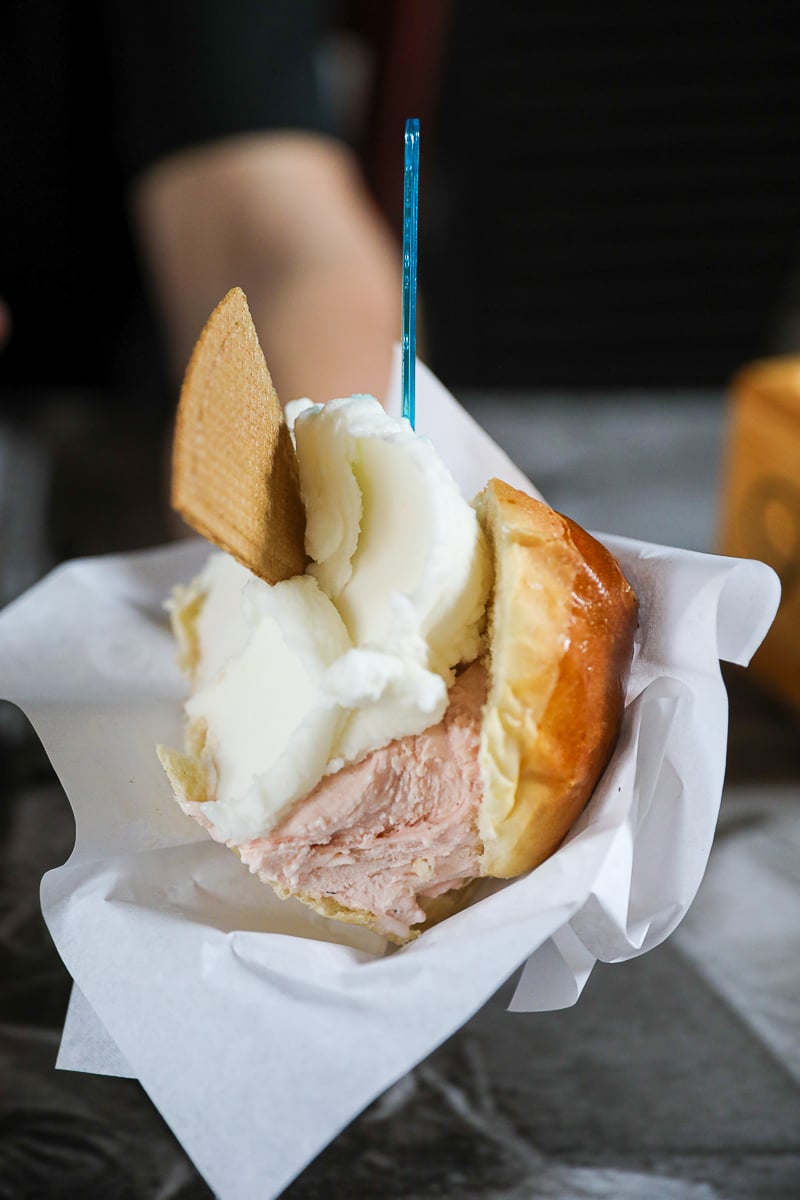 Gelato brioche sandwich with two gelato flavors