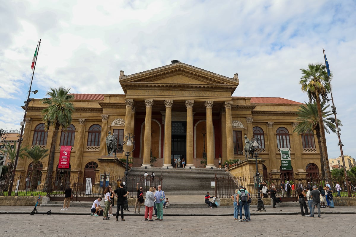 Teatro Massimo opera house façade in Palermo with grand steps and crowds