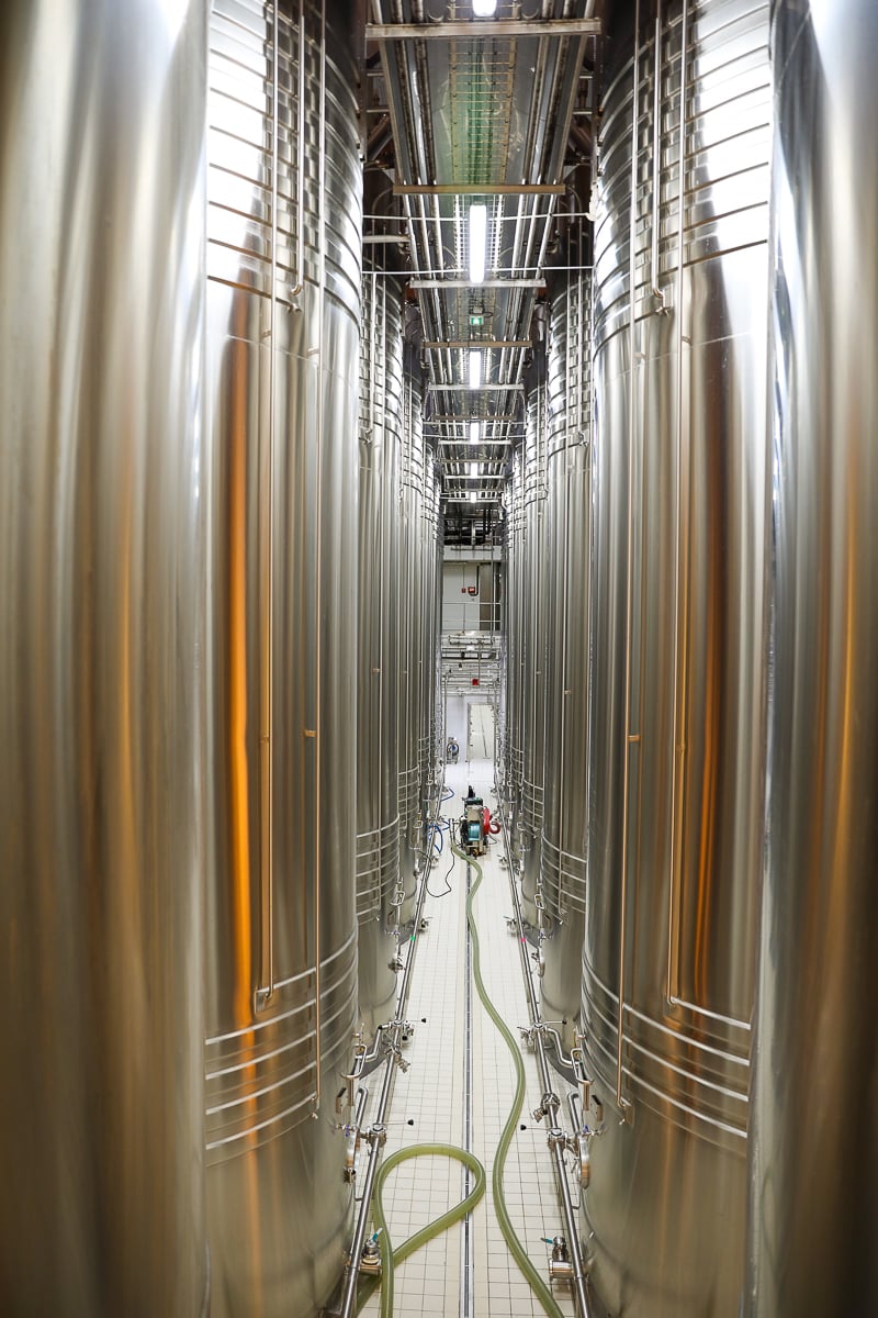 Rows of stainless steel fermentation tanks inside a large-scale Champagne production facility