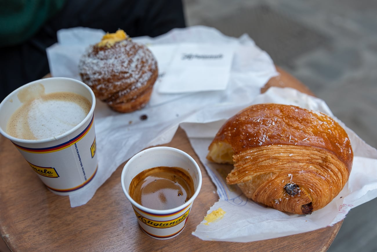 Cappuccino, espresso, and fresh pastries from Ditta Artigianale, a specialty coffee shop in Florence.