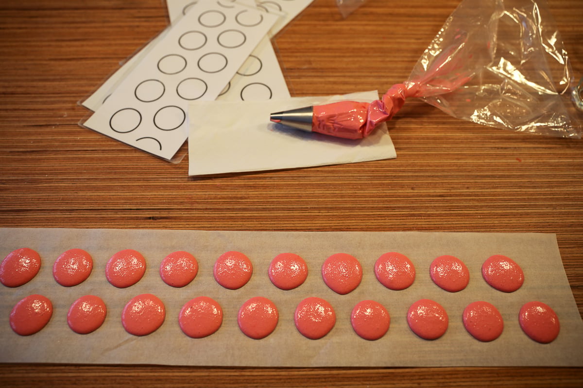 Row of piped pink macaron shells on parchment beside a filled piping bag and circle guides.