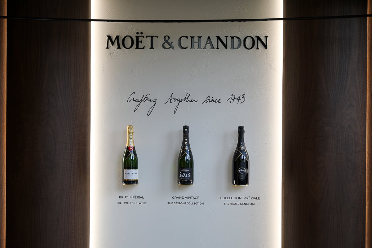 Moët & Chandon bottle display inside the Champagne house in Épernay